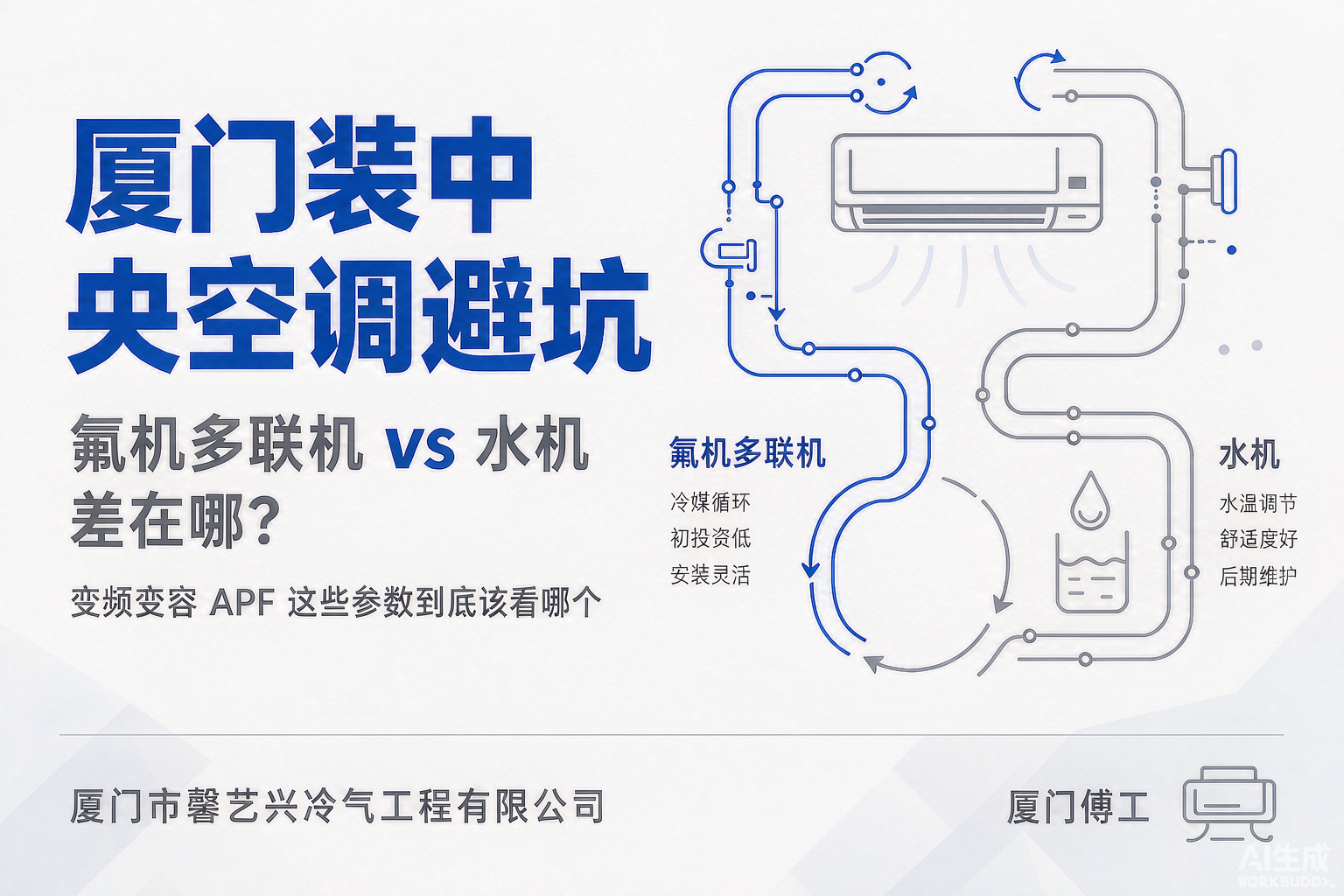 厦门装中央空调避坑：氟机多联机和水机差在哪？变频变容、APF 这些参数到底该看哪个